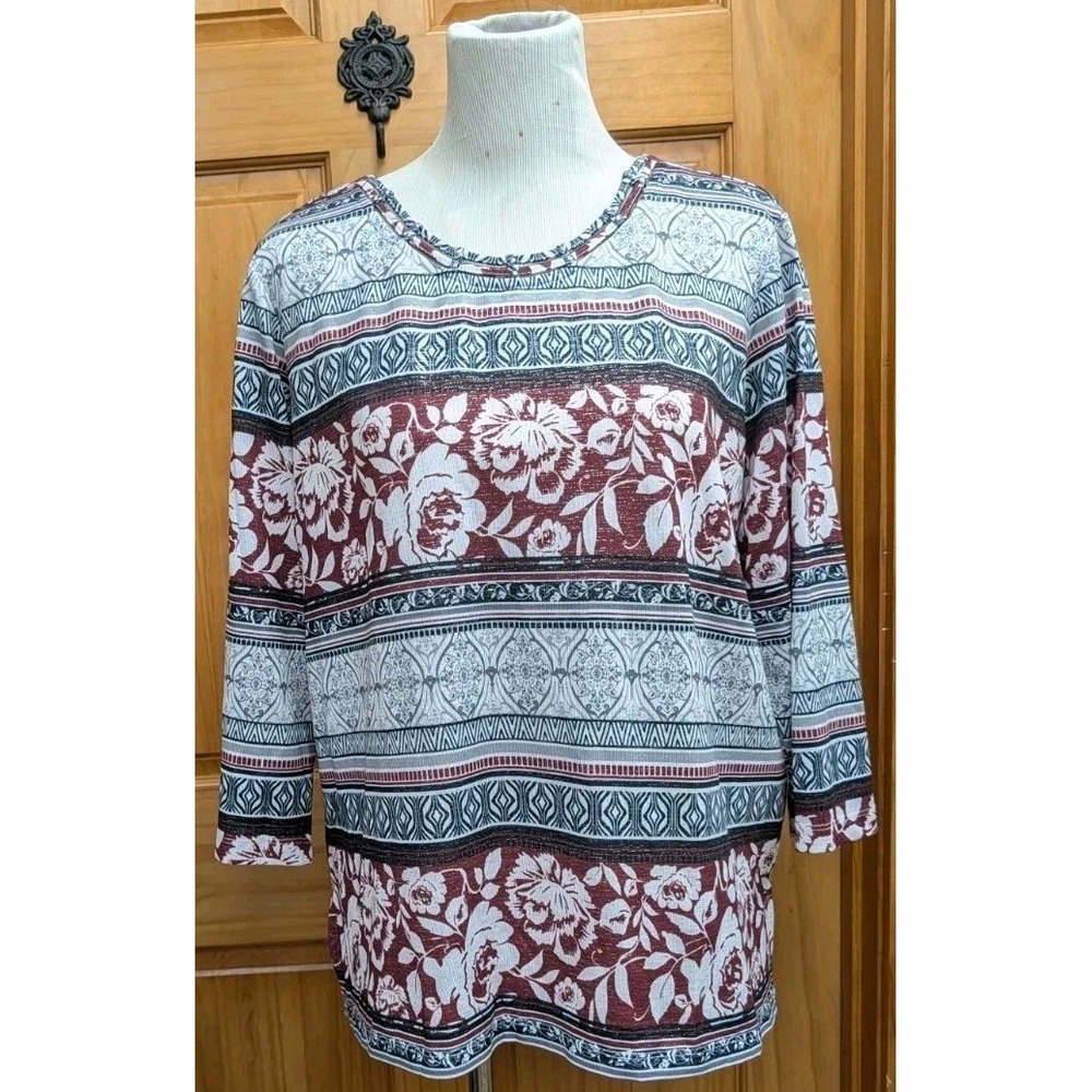 Alfred Dunner Women's Large Top Beaded 3/4 Sleeves Stretch Pullover Blouse